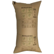 Image of a kraft dunnage airbag, a rectangular inflatable cushion made from durable kraft paper, designed to stabilize and protect cargo during transport by filling gaps between pallets or shipments in trucks, railcars, or containers.