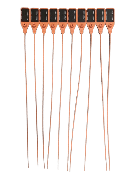 Orange plastic pull-tight security seals 380 mm, numbered, full length