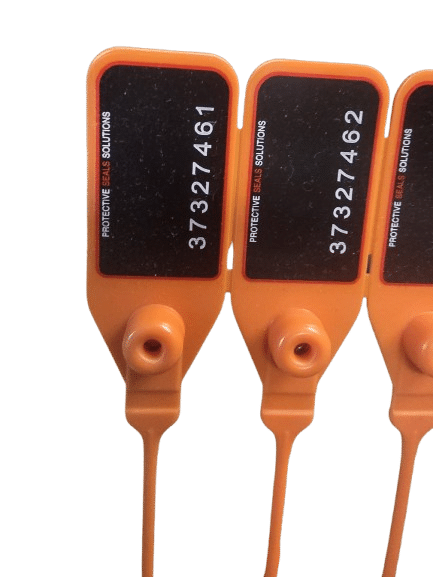 Plastic security seal close-up with unique sequential numbering