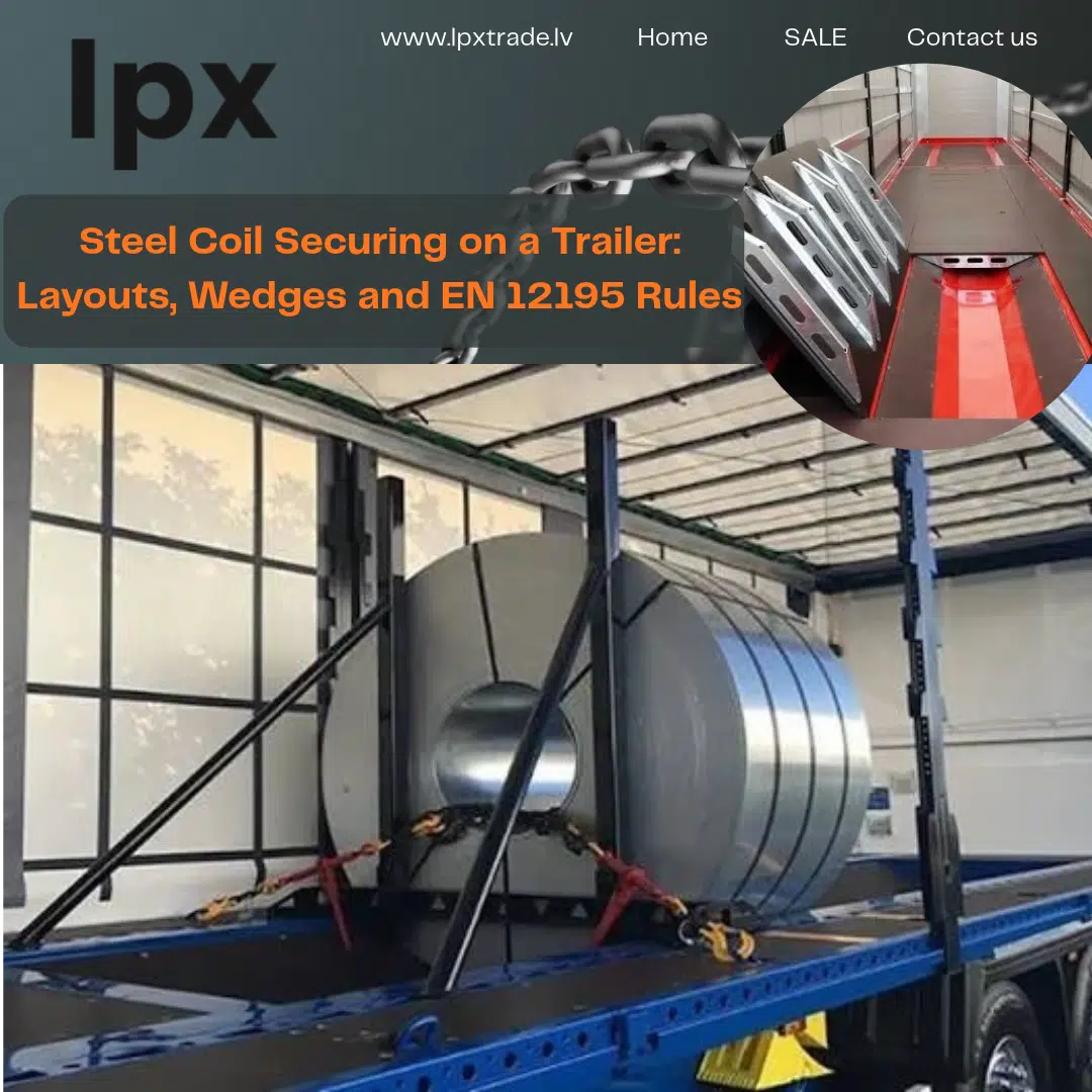 Steel Coil Securing on a Trailer_ Layouts, Wedges and EN 12195 Rules Steel coil securing on a trailer: coil in a cradle with wedges and lashing chains